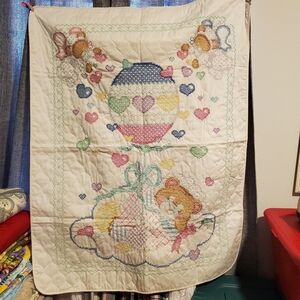 Janlynn Stamped Cross Stitch Baby Quilt 90% Finished Up Up & Away